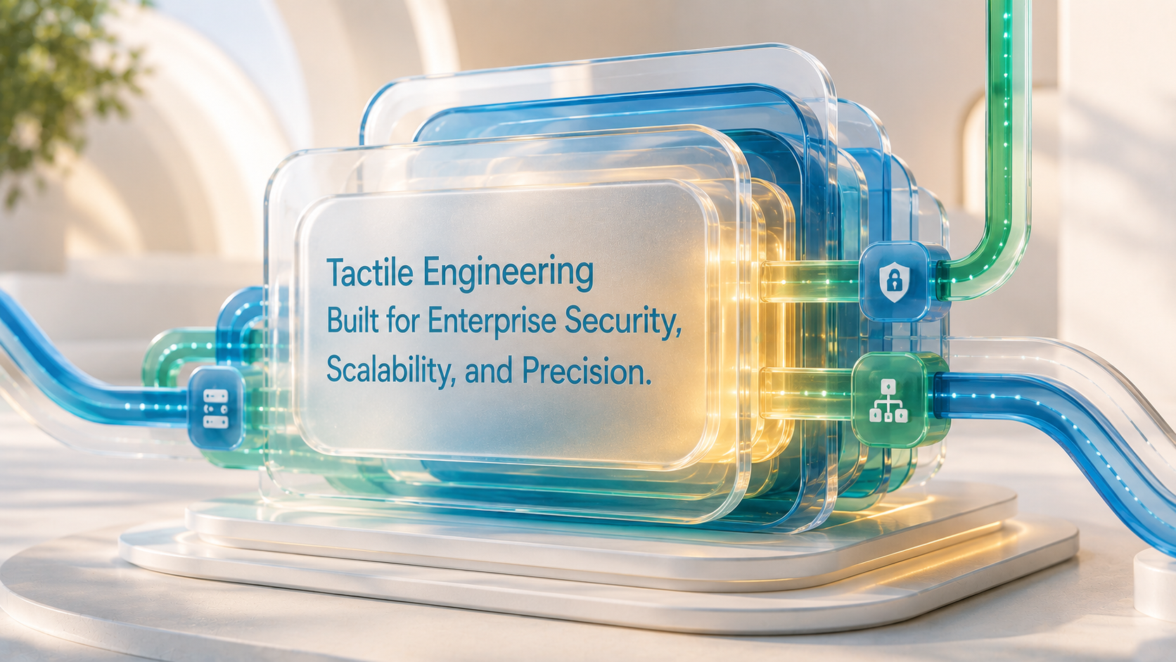 Layered glass panels reading Tactile Engineering, built for enterprise security, scalability, and precision.