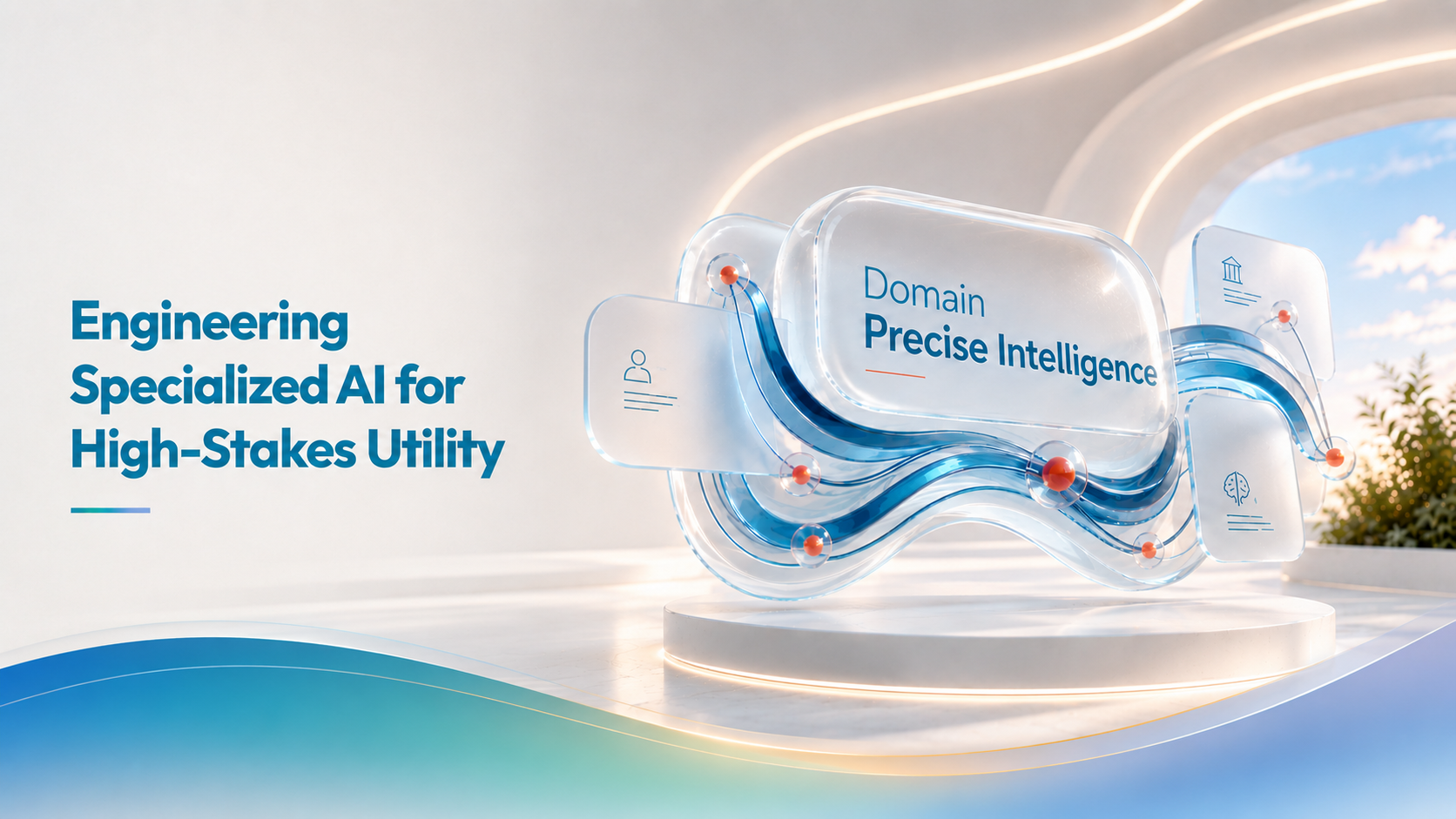 Domain Precise Intelligence — glassmorphic interface rendering the headline Engineering Specialized AI for High-Stakes Utility.